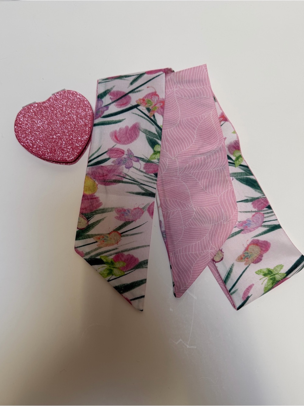 Pink Floral Twilly and Pink Heart Mirror NWOT